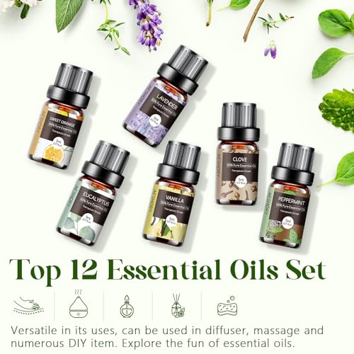 Essential Oils Set - 12 Pcs Aromatherapy Essential Oil Kit for Diffuser, Humidifier, Aromatherapy, Massage AeshoryUS supplements