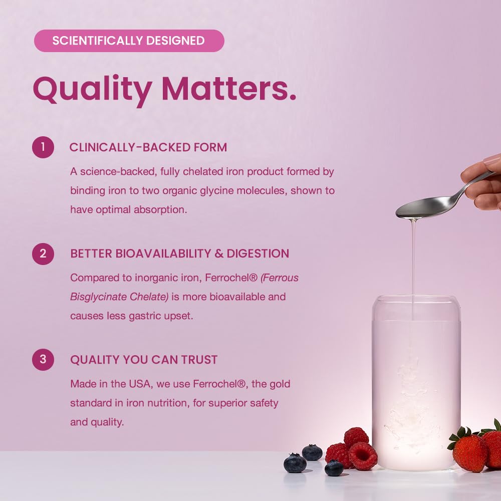 Organic Liquid Iron Supplement for Women, Men & Kids with Vitamin C | Sugar Free Natural Berry Flavor Non Constipating Vegan Ferrochel Mother's PromiseUS supplements