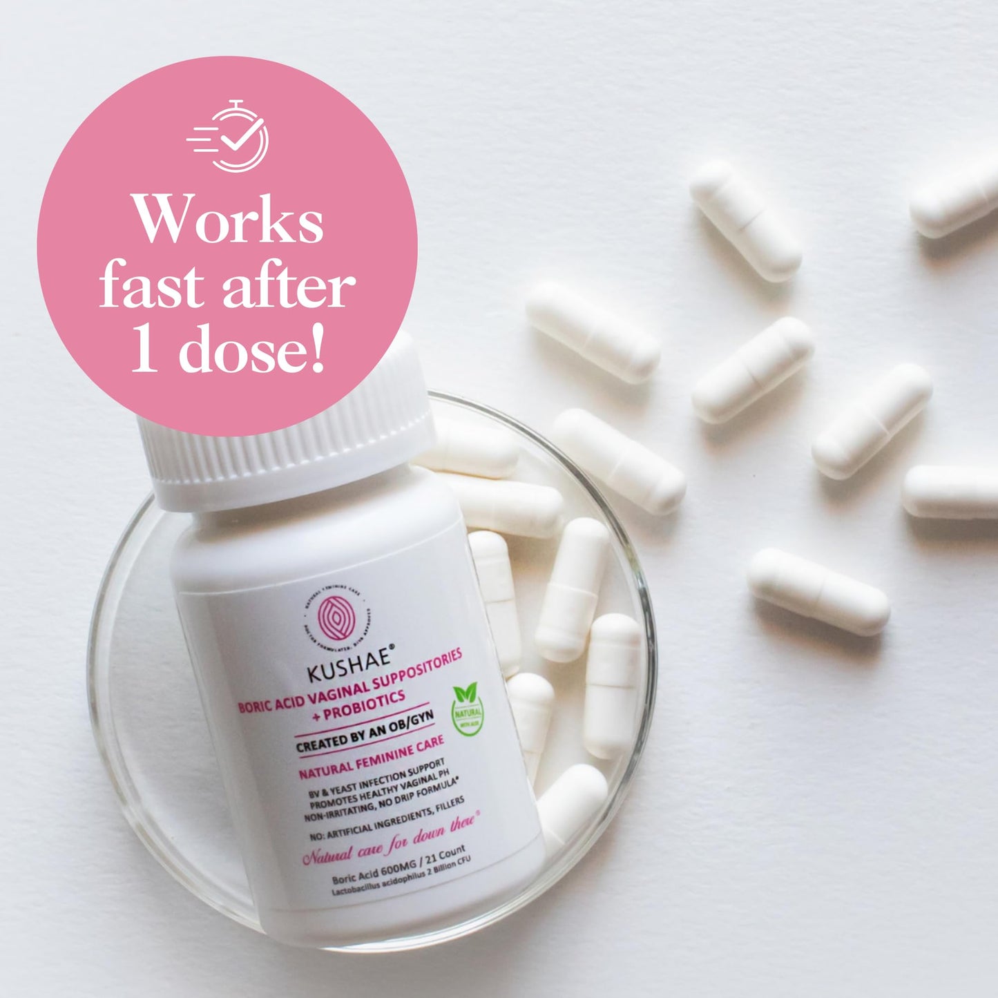 Kushae Boric Acid Suppositories + Rapid Relief, All Natural Female Suppositories with Probiotics & Aloe Vera, Relieves Discomfort & Balances pH Level Bottle Only 21 Capsules KushaeUS supplements