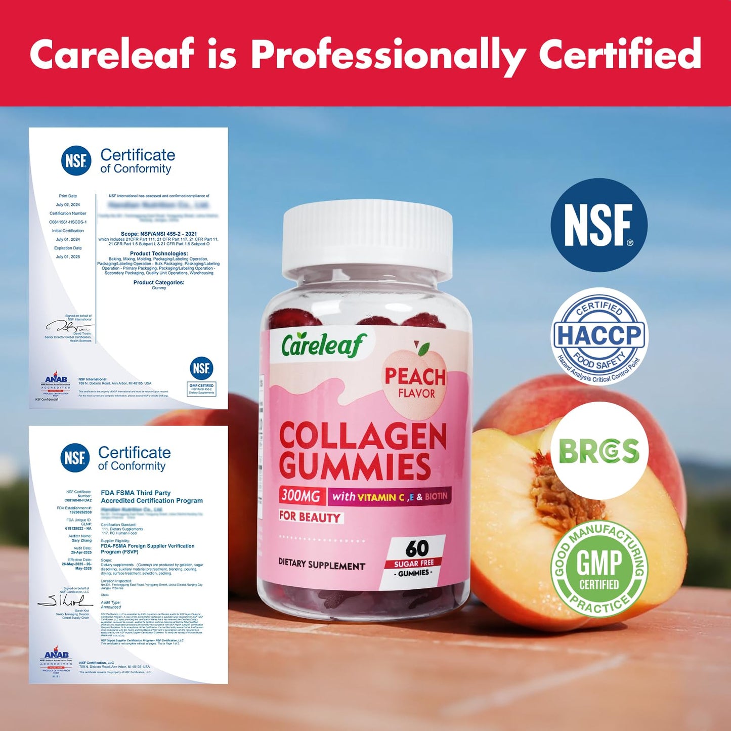 careleaf Sugar Free Collagen Gummies with Vitamin C Vitamin E Support Natural Collagen Production, Healthy Hair, Nails and Bones,Peach Flavor,60 Gummies for 30 Days Supply careleaf buy supplements Au