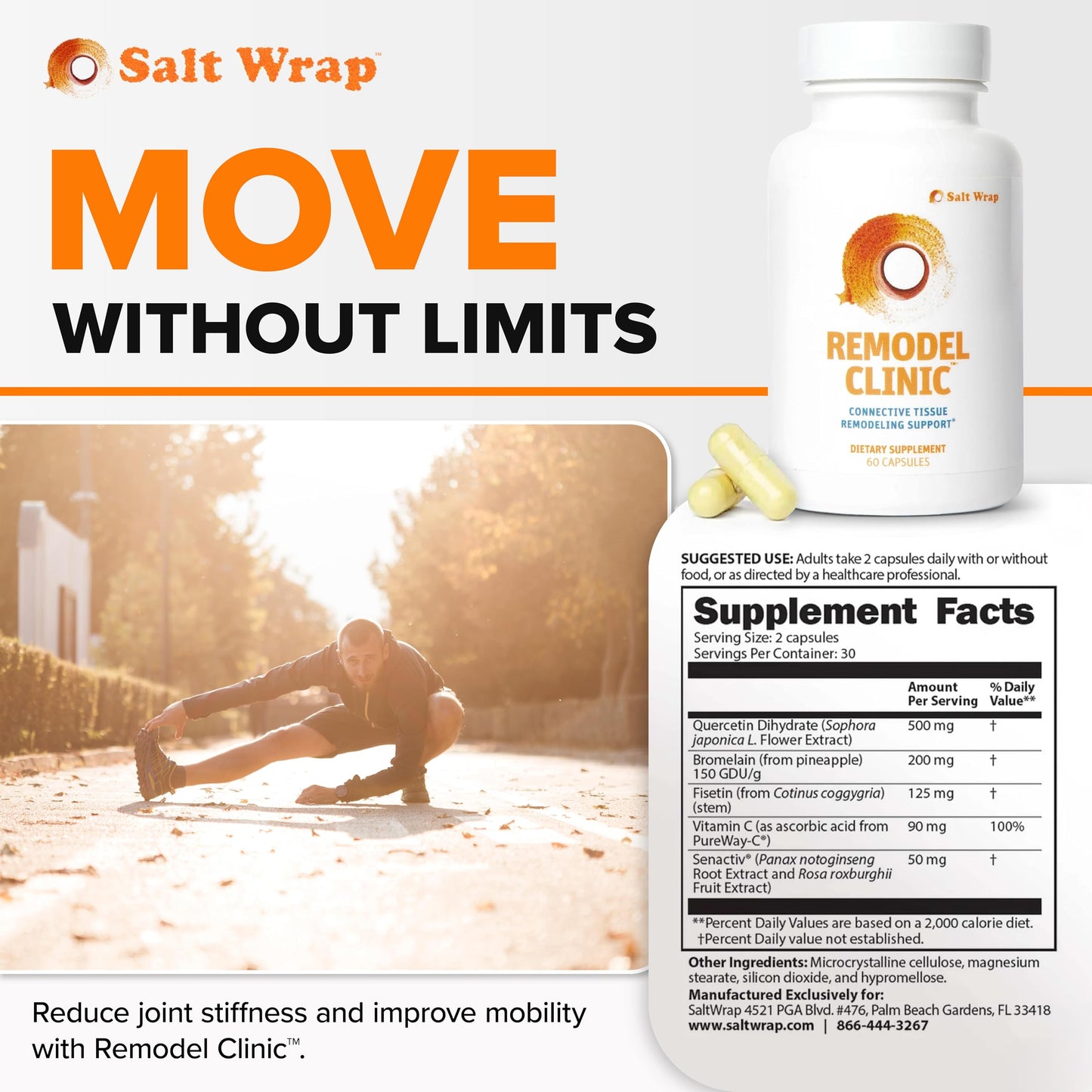 SaltWrap Remodel Clinic - Joint Remodeling Supplement for Senescent Cell Removal and Scar Tissue - Improve Mobility, Reduce Connective Tissue Stiffness - Fisetin, Quercetin, Bromelain - 60 Capsules SaltWrapAu supplements