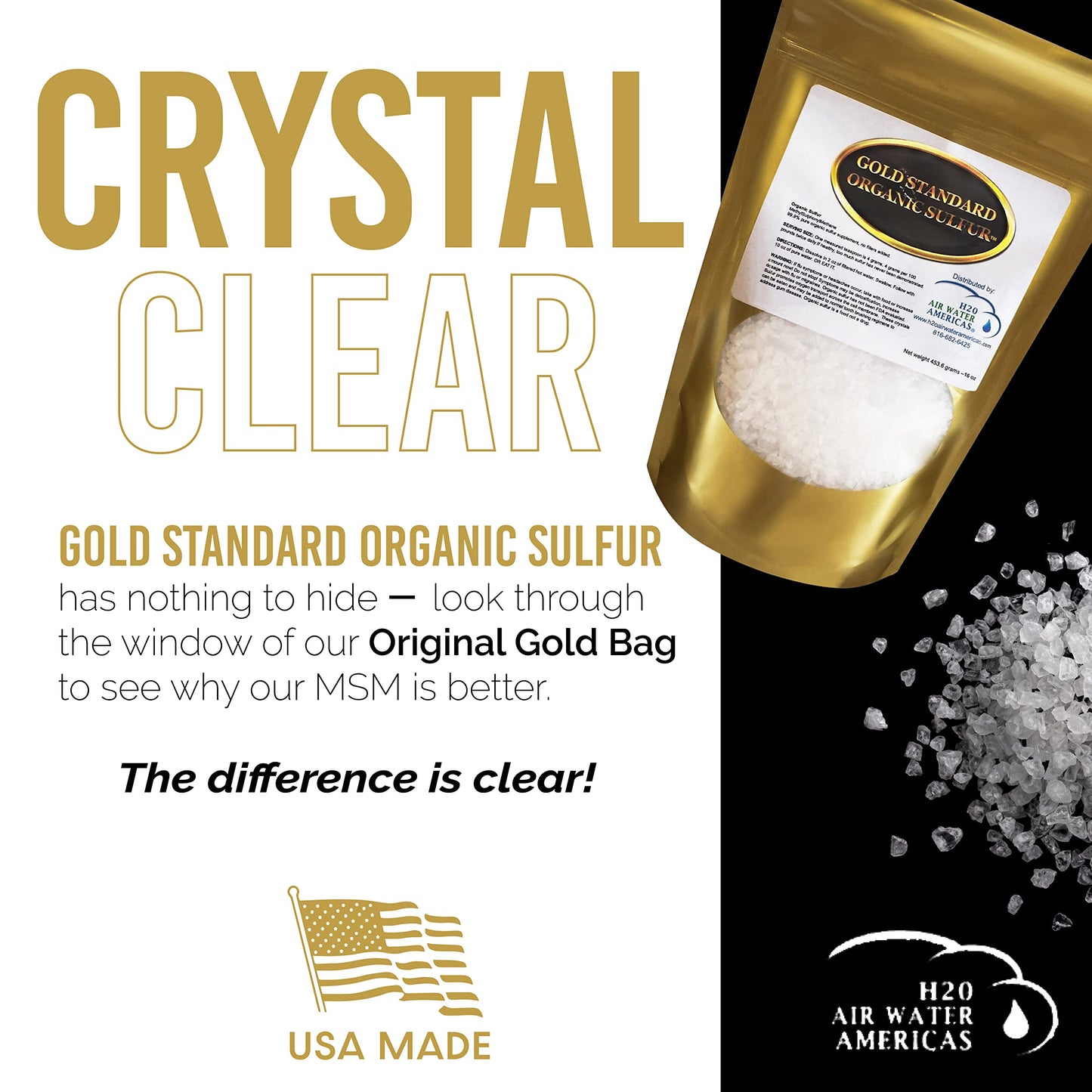 Gold Standard Organic Sulfur Crystals 1lb - 99.9% Pure MSM Crystals - High-Purity MSM Supplement Powder - Large Granular Flakes - 3rd Party Tested for Purity H2O Air Water Americas buy supplements Au