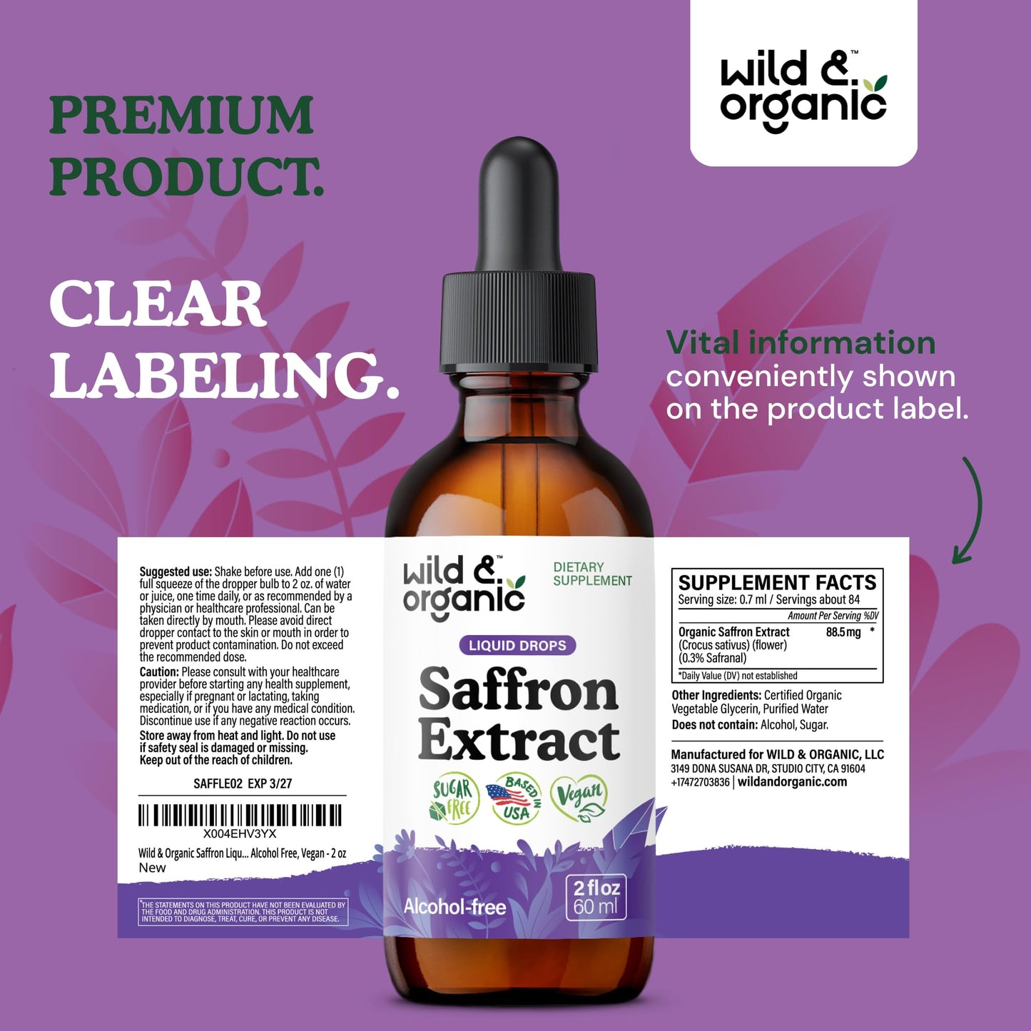 Wild & Organic Saffron Supplements 88.5 mg - Mood, Brain & Vision Support - Liquid Saffron Drops - Add to Tea - Crocus Sativus Herb Extract - Vegan, Sugar & Alcohol-Free Tincture - 2 fl oz Wild & Organic buy supplements Au