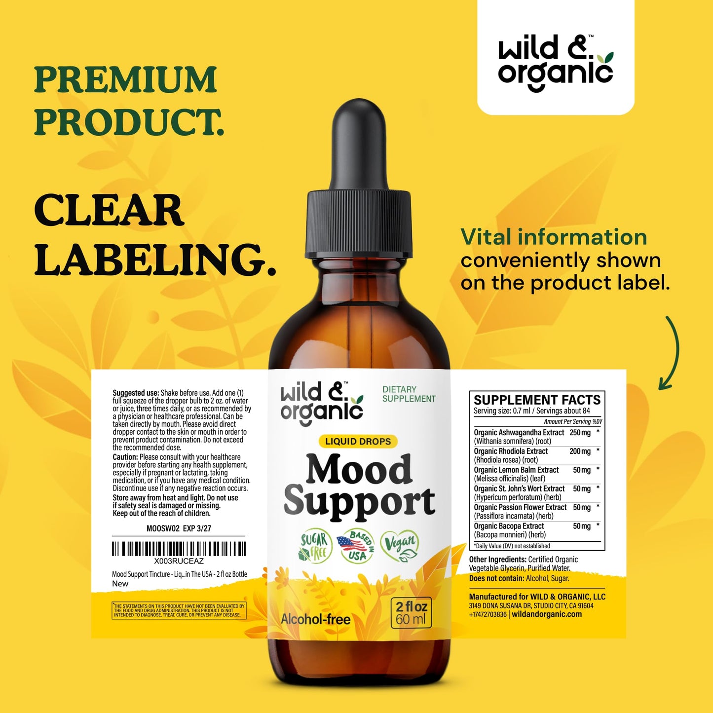 Wild & Organic Mood Support Drops - Good Mood Supplements w/Ashwagandha Root & Rhodiola Rosea - Natural Liquid Drops for Positive Energy - Calm and Relax Supplements for Women and Men - 2 oz Wild & Organic buy supplements Au