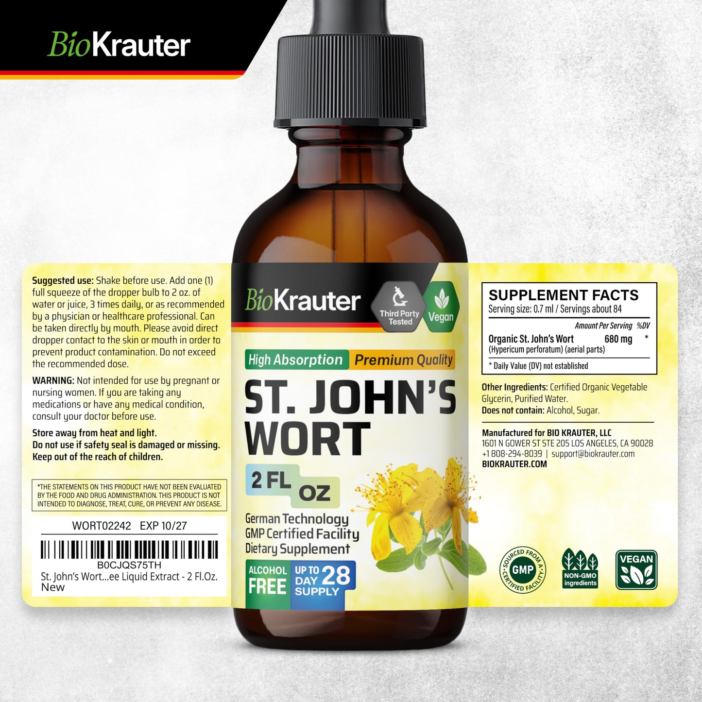 BIO KRAUTER® St Johns Wort for Calm & Mood Support - Vegan St. John's Wort for Relaxation & Emotional Wellness Support - Calm Drops 2 Fl.Oz., 28-Day Supply, Alcohol & Sugar Free Herbal Supplements BIO KRAUTER buy supplements Au