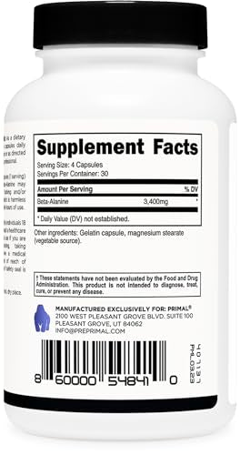 Primal Beta-Alanine Capsules 3400mg (30 Servings, 120 Capsules) - Supplement, Gluten Primal Au supplements