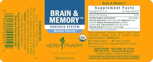 Herb Pharm Organic Nootropic Brain & Memory Supplement with Ginkgo Biloba Liquid Extract: Fast Absorption for Mental Focus Support, Ginkgo Supplement, Vegan, Gluten-Free, Non-GMO, 1 Oz Herb Pharm uk supplements