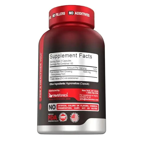 Herbtonics Korean Red Panax Ginseng 1500mg - Energy Supplement for Peak Performance, Focus & Vitality - High Potency Ginseng Root Extract - 120 Vegan Capsules Herbtonics uk supplements