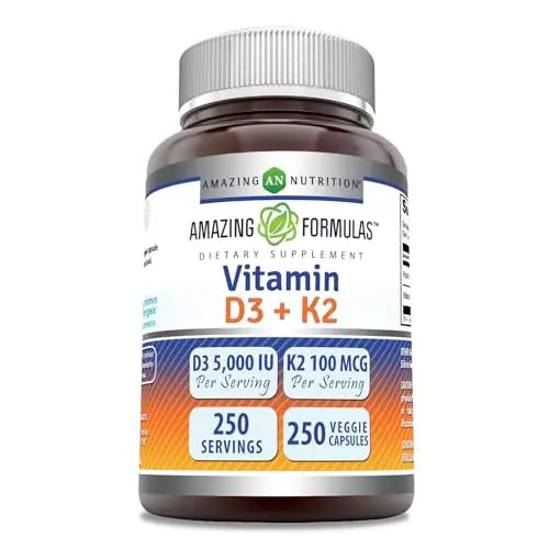 Amazing Formulas Vitamin D3 5000 IU with Vitamin K2 100 Mcg| 250 Veggie Capsules Amazing NutritionAU supplements