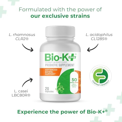 Bio-K+ Probiotic Advanced Bowel Support – 50 Billion CFU – Vegan, Gluten-Free, Non-GMO – Supports Digestive Health & Regularity – for Men & Women – 20 Probiotic Capsules Bio-K Plus Au supplements
