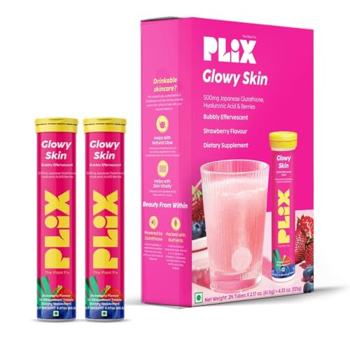 PLIX Glowy Skin 500mg Glutathione Supplement with Hyaluronic Acid, Vitamin C, E & Berries | 30 Effervescent Tablets, Strawberry Flavor PLIX - THE PLANT FIXAu supplements