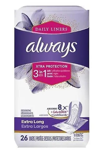 Always Xtra Protection 3-in-1 Daily Liners Extra Long Unscented 26 Ct AlwaysAU supplements