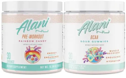 Alani Nu Rainbow Candy Pre Workout and BCAA Sour Gummies Post Workout Powder Alani NuAU supplements
