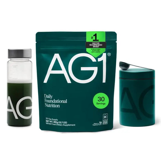 AG1 Greens Powder Supplement Bundle w/Stainless Steel Storage Canister – Multivitamin, Probiotic & Superfood Blend | Gut Health & Daily Wellness Support | Includes Shaker & Scoop | Vegan, Gluten-Free AG1AU supplements