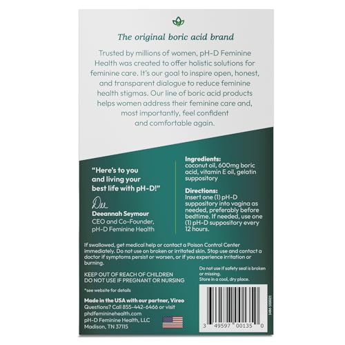 pH-D Feminine Health - Boric Acid Moisturizing Suppository - Woman Owned - for Vaginal Odor pH-D Feminine Health Support Au supplements