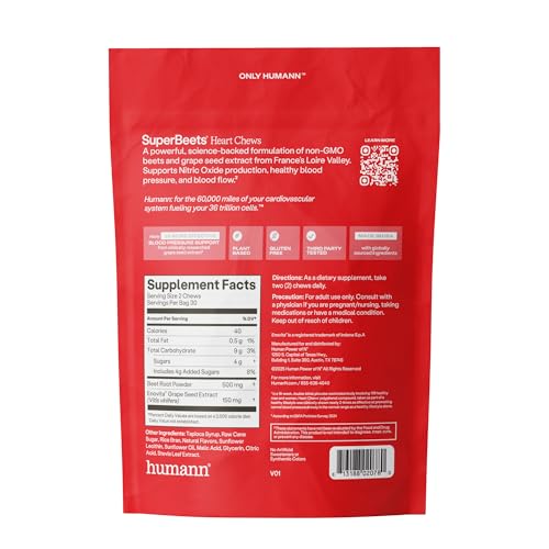 Humann SuperBeets Heart Chews, Beet Root Powder Support Energy Supplement, Nitric Oxide and Blood Pressure Support, Grape Seed Extract & Non-GMO
