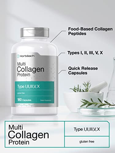 Multi Collagen Protein 2000 mg | 180 Capsules | Type I, II, III, V, X | Collagen Peptide Pills Horbäach Au supplements