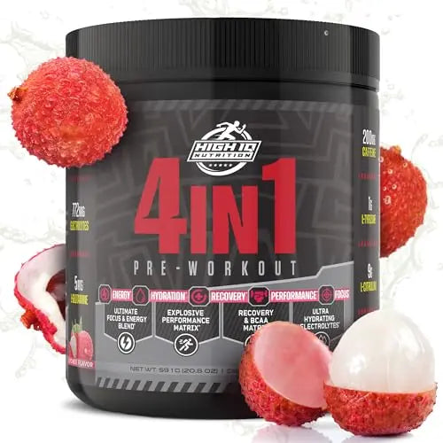 High IQ Nutrition 4 in 1 Lychee Flavored Pre Workout Powder 200mg Caffeine | Energy, Focus High IQ Nutrition uk supplements