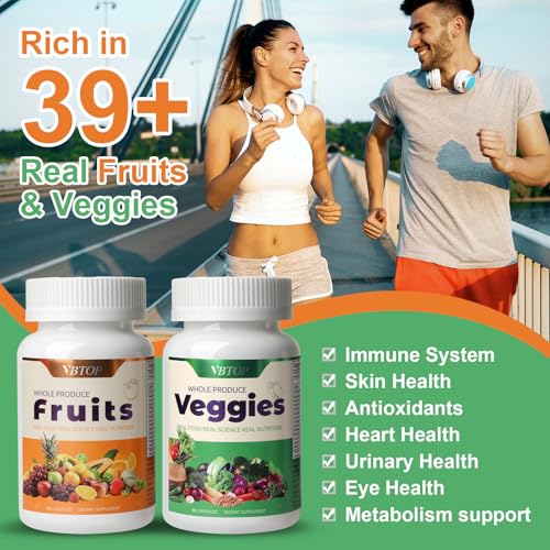 VBTOP Fruit & Vegetable Supplement - Natural Ingredients - 2 Bottles - 180 Capsules Total | A Blend of 20+19 Natural Whole Fruits & Vegetables, a Fresh superfood Formula Rich in Vitamins and Minerals VBTOP Au supplements