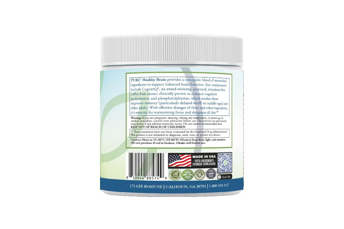 PURE® Healthy Brain Nootropic Powder - 30 Servings - 1.25g Lion’s Mane, 600mg Alpha-GPC & KSM-66® Ashwagandha - Cognitive Support for Memory, Focus & Stress Relief - 147 Grams, Strawberry Flavor! PURE Au supplements