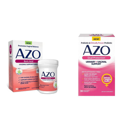 AZO Boric Acid Vaginal Suppositories, 30 Count + AZO Dual Protection, 30 Count, Urinary + Vaginal Support* AZOUS supplements