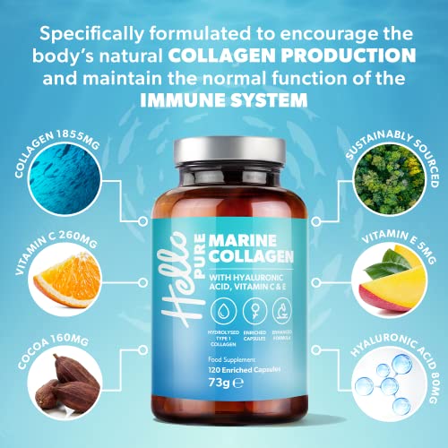 Marine Collagen Capsules - 1855mg - 120 Capsules - Enriched with Hyaluronic Acid & Vitamins C & E Hello Pure Au supplements