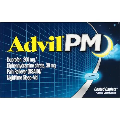 Advil PM Pain Reliever and Nighttime Sleep Aid, Pain Medicine with Ibuprofen for Pain Relief and Diphenhydramine Citrate for a Sleep Aid - 50x2 Coated Caplets Advil Au supplements