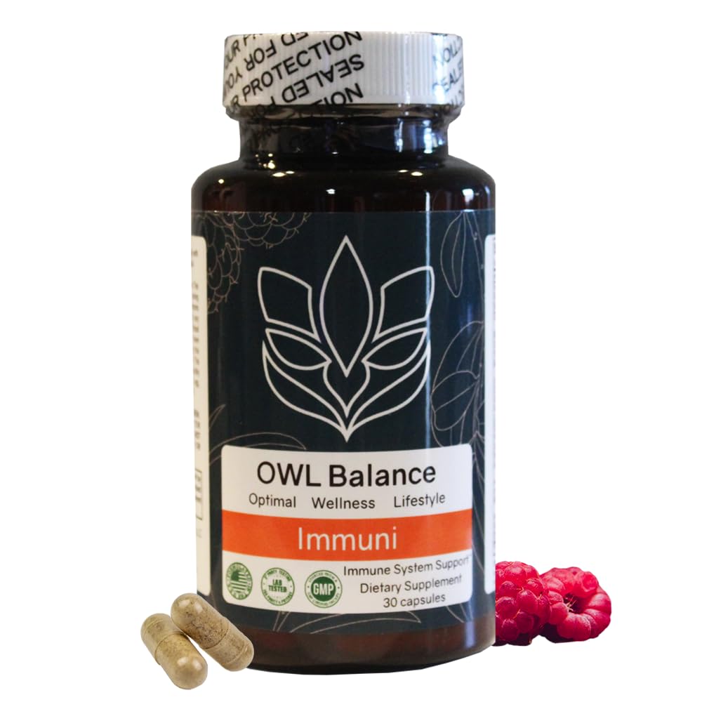 Immuni - Immune Support - Vitamin Supplement for Cold & Flu Relief - Natural Immunity System Booster - Vitamin C & E, Rasberry Fruit Powder, Green Tea Leaf, Olive leaf, and more - 30 Capsules OWL Balance uk supplements