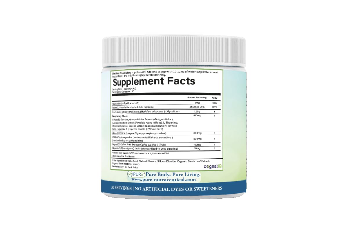 PURE® Healthy Brain Nootropic Powder - 30 Servings - 1.25g Lion’s Mane, 600mg Alpha-GPC & KSM-66® Ashwagandha - Cognitive Support for Memory, Focus & Stress Relief - 147 Grams, Strawberry Flavor! PURE Au supplements
