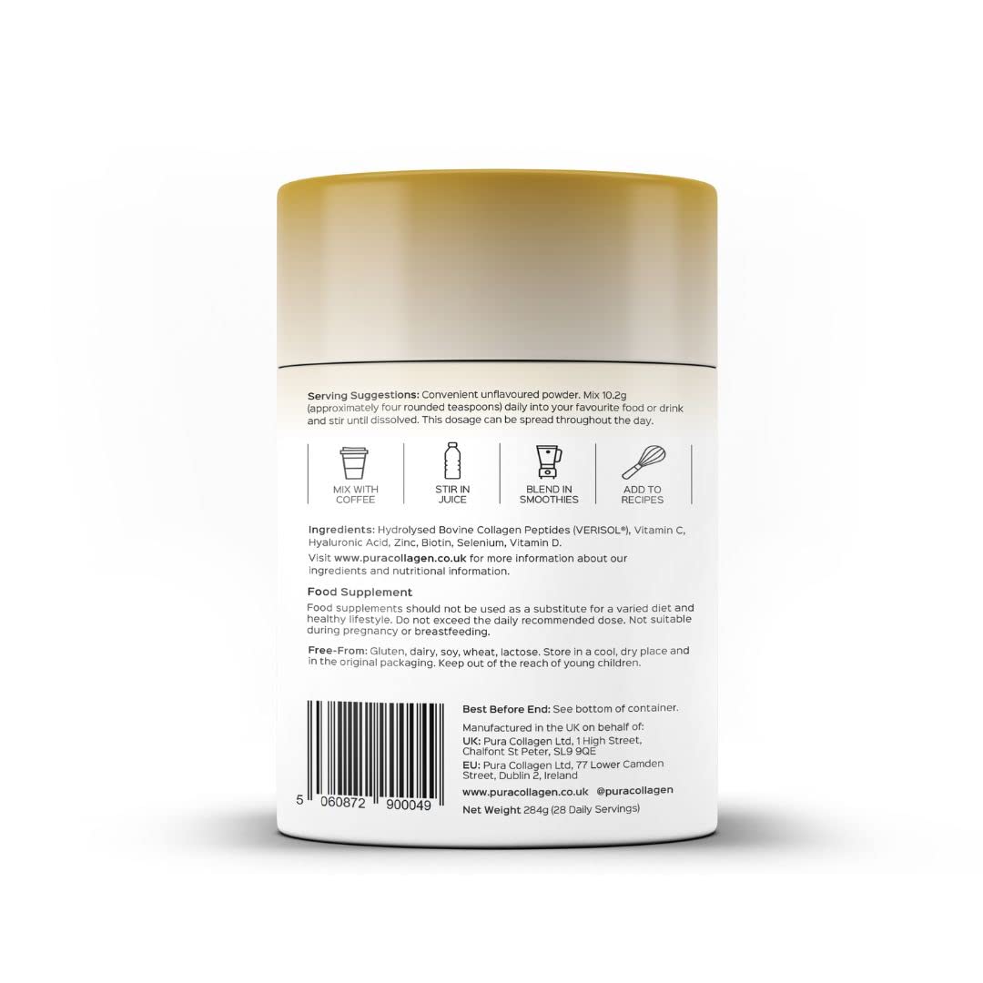 Pura Collagen Powdered Supplement Glow+, 10,000mg Hydrolysed Peptides, Hyaluronic Acid, Vitamins & Minerals, 28 Servings, 284 g Pura Collagen Au supplements