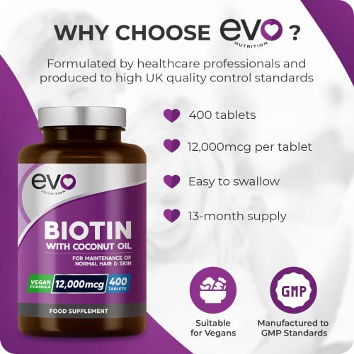 Biotin Hair Growth Supplement 12,000mcg with Coconut Oil | 400 High Strength Tablets EVO NUTRITION Au supplements