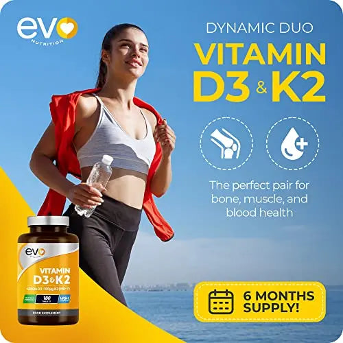 Vitamin D3 4000iu & Vitamin K2 100ug (MK7) |180 Vegetarian Tablets | 1-A-Day | 6 Month EVO NUTRITION Au supplements