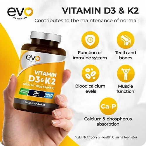 Vitamin D3 4000iu & Vitamin K2 100ug (MK7) |180 Vegetarian Tablets | 1-A-Day | 6 Month EVO NUTRITION Au supplements