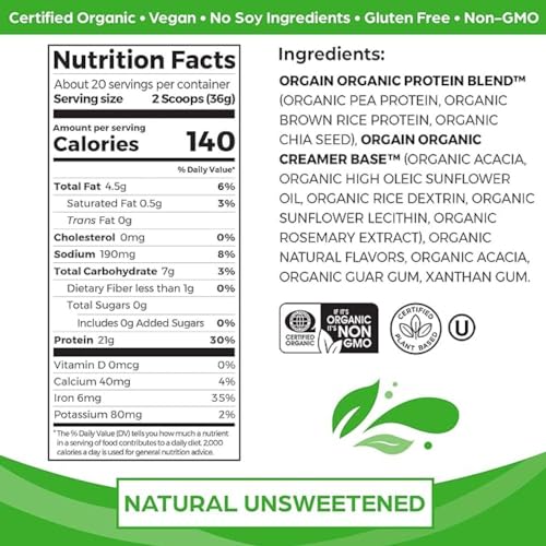 Orgain Organic Unflavored Vegan Protein Powder, Natural Unsweetened - 21g Plant Based Orgain Au supplements