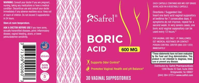 Safrel Boric Acid Vaginal Suppositories - 100% Pure Made in USA - Intimate Health Support, Vaginal Health and pH, Odor Control (30 Count) Safrel Au supplements