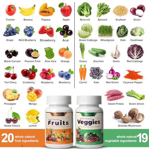 VBTOP Fruit & Vegetable Supplement - Natural Ingredients - 2 Bottles - 180 Capsules Total | A Blend of 20+19 Natural Whole Fruits & Vegetables, a Fresh superfood Formula Rich in Vitamins and Minerals VBTOP Au supplements