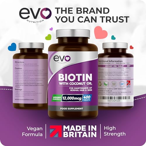 Biotin Hair Growth Supplement 12,000mcg with Coconut Oil | 400 High Strength Tablets EVO NUTRITION Au supplements