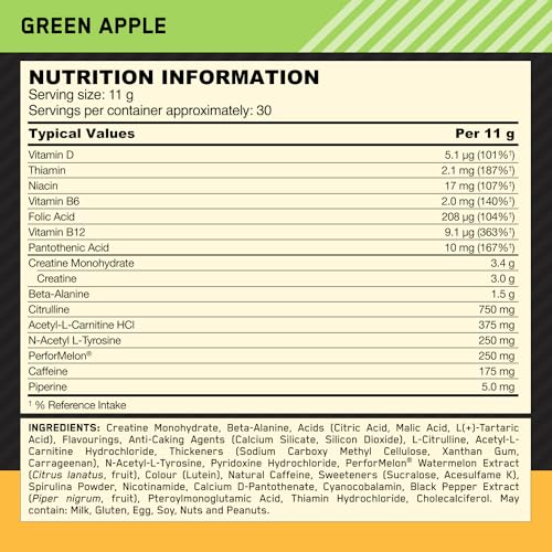 Optimum Nutrition Gold Standard Pre Workout Green Apple Flavoured Powder, 330g Optimum Nutrition Au supplements
