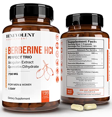 Premium Berberine HCL 730mg - 120 VCAPS Perfect Trio Complex with Non-GMO Jiaogulan Benevolent Nourishment Au supplements