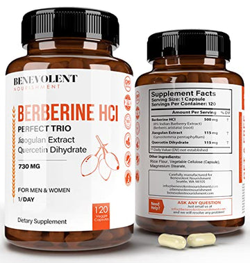 Premium Berberine HCL 730mg - 120 VCAPS Perfect Trio Complex with Non-GMO Jiaogulan Benevolent Nourishment Au supplements