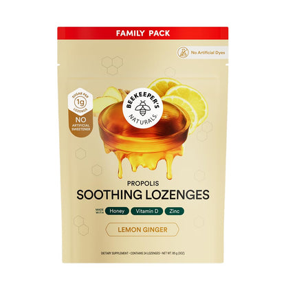 Beekeeper's Naturals Soothing Honey Ginger Lemon Cough Drops - Immune Support with Vitamin D, Zinc and Propolis Throat Soothing Lozenges, 24 Ct Beekeeper's Naturals buy supplements Au