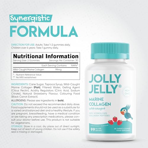 Marine Collagen Gummies by Jolly Jelly® - Wild-Caught Marine Collagen Tapioca Gummies - Type 1 Hydrolysed Collagen - Strawberry Flavour - 60 Gummies. JOLLY JELLY Au supplements