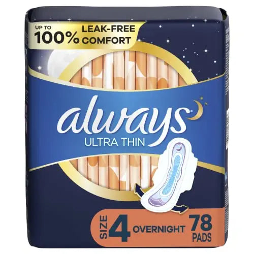 Always Ultra Thin Feminine Pads with Wings for Women, Size 4, Overnight Absorbency, Unscented AlwaysAU supplements