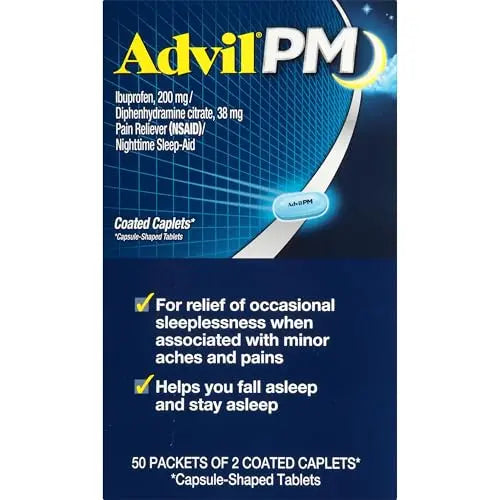 Advil PM Pain Reliever and Nighttime Sleep Aid, Pain Medicine with Ibuprofen for Pain Relief and Diphenhydramine Citrate for a Sleep Aid - 50x2 Coated Caplets Advil Au supplements