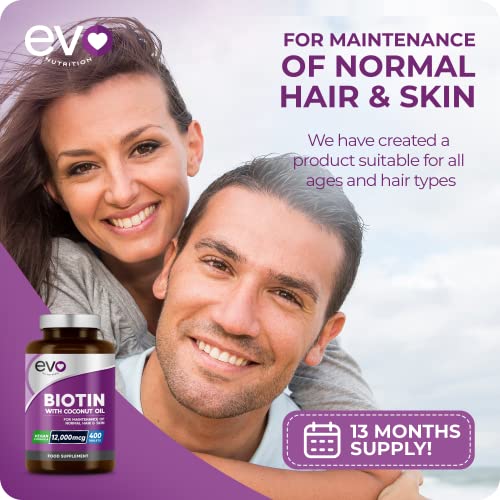 Biotin Hair Growth Supplement 12,000mcg with Coconut Oil | 400 High Strength Tablets EVO NUTRITION Au supplements