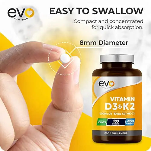 Vitamin D3 4000iu & Vitamin K2 100ug (MK7) |180 Vegetarian Tablets | 1-A-Day | 6 Month EVO NUTRITION Au supplements