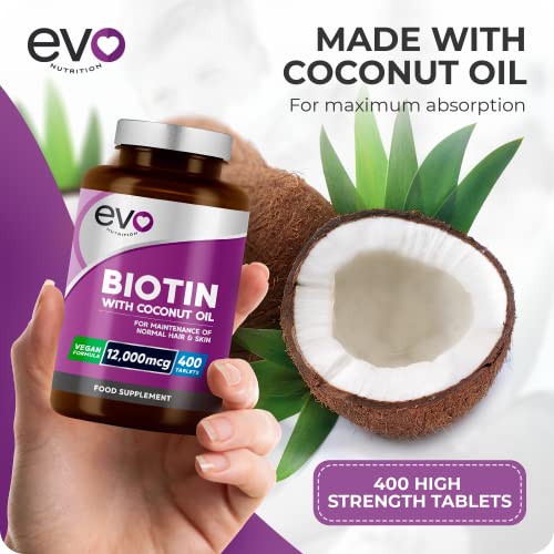 Biotin Hair Growth Supplement 12,000mcg with Coconut Oil | 400 High Strength Tablets EVO NUTRITION Au supplements