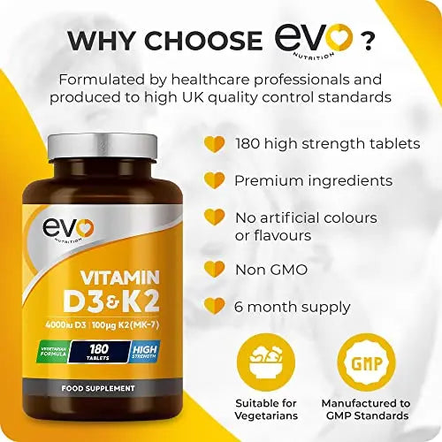 Vitamin D3 4000iu & Vitamin K2 100ug (MK7) |180 Vegetarian Tablets | 1-A-Day | 6 Month EVO NUTRITION Au supplements