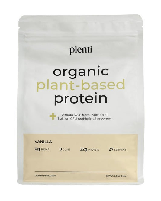 plenti Organic Plant-Based Protein Powder: Vanilla - 20g Pea Protein + Probiotics, Digestive Enzymes & Omega 3-6, Gut Friendly, Sugar Free, 27 Servings (2 lbs) plentiAu supplements