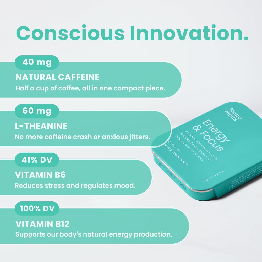 Neuro Energy & Focus Mints - Sugar Free Breath Mints with 40mg Natural Caffeine, B Vitamins & L-Theanine - Vegan Brain Supplement for Exercise, Study & Daily Focus - Peppermint, 12 ct Neuro Au supplements